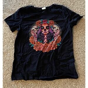 Day of the Dead Sugar Skull Girl Santa Muerte Womens Med T-Shirt 100% Cotton
